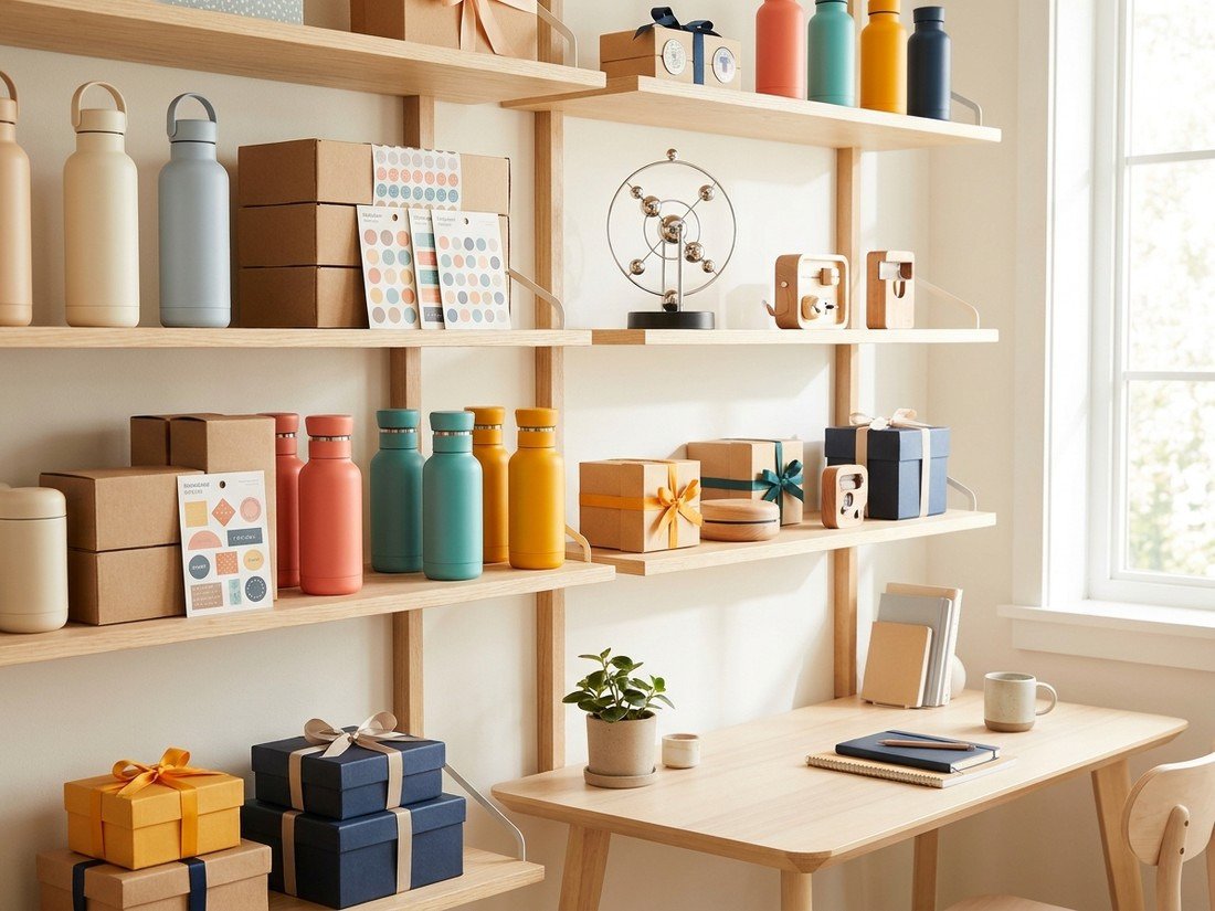 A styled desk shelf